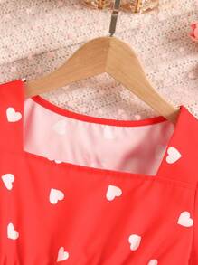 SHEIN Áo babydoll tay dài cổ vuông in hình trái tim màu đỏ thanh lịch dành cho bé gái tuổi teen, kiểu dáng gia đình (2 chiếc bán riêng lẻ) - Đỏ - Xem 4