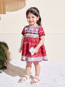 SHEIN Baby Girl Cute Geometric Print Short Sleeve Dress, Summer - Multicolor - View 1