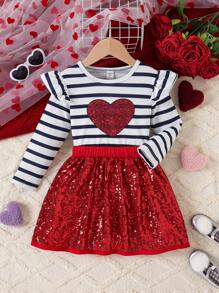 SHEIN Conjunto de top de manga larga con rayas y falda mini roja con lentejuelas para niñas, adecuado para Navidad en otoño/invierno - Rojo - Ver 1