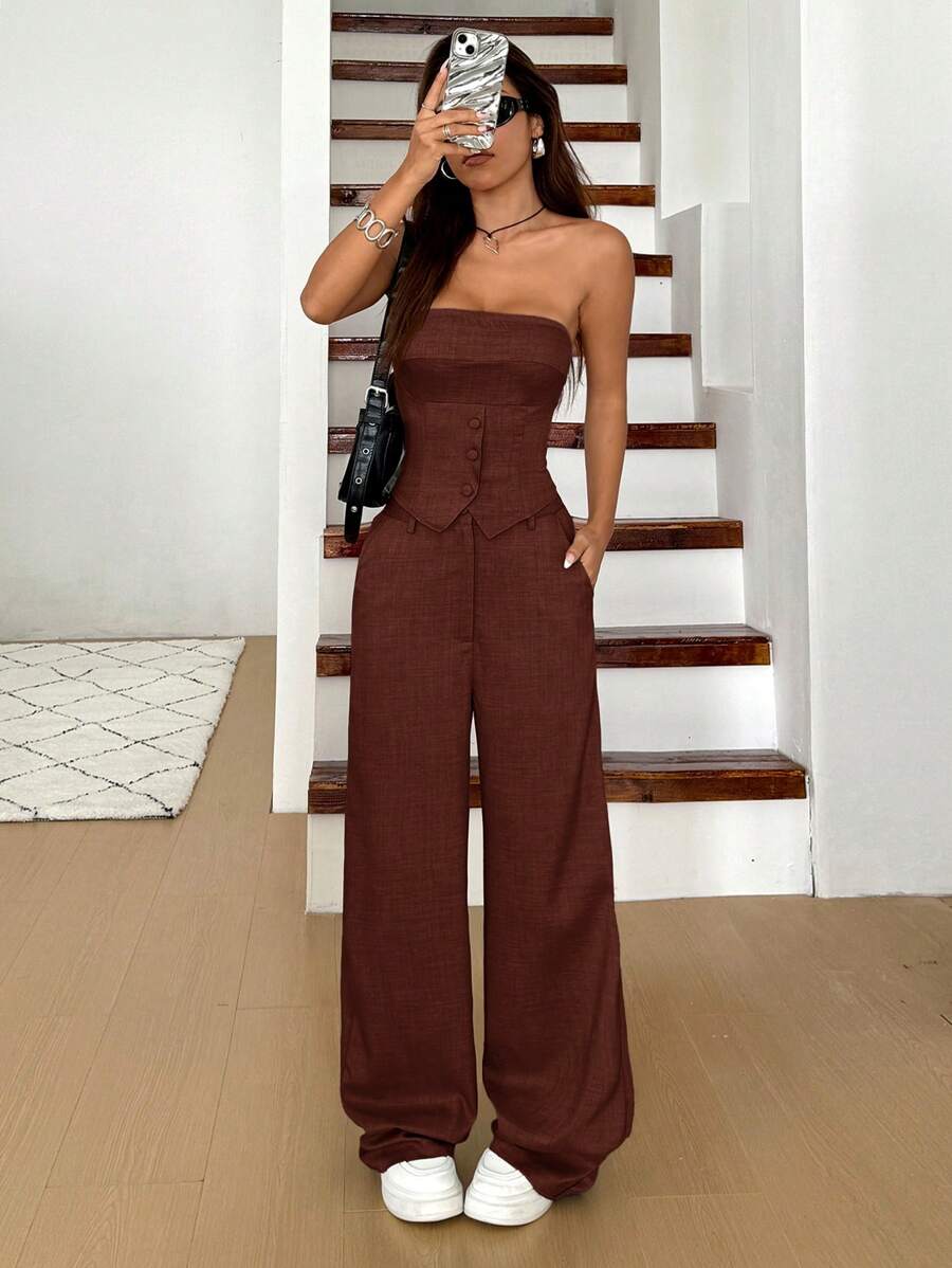 SHEIN EZwear Bộ 2 áo Bandeau màu trơn và quần ống rộng cho nữ, trang phục thường ngày - màu nâu - Xem 1