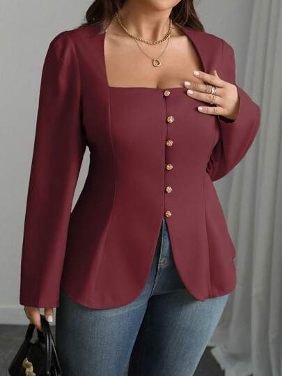 Vionelle 女士纯色优雅休闲/工作梯形方领金属纽扣下摆 A 字短袖杏色衬衫，春/秋/冬