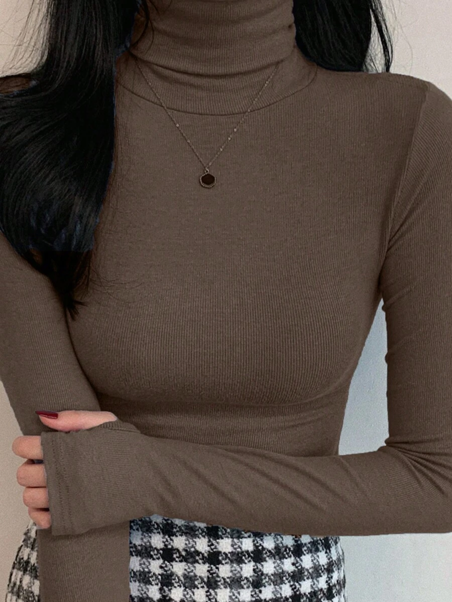 DAZY Women Solid Color Long Sleeve Turtleneck Tight Fitting Base Layer Top,Fall Clothes Preppy Tops - Brown - View 1