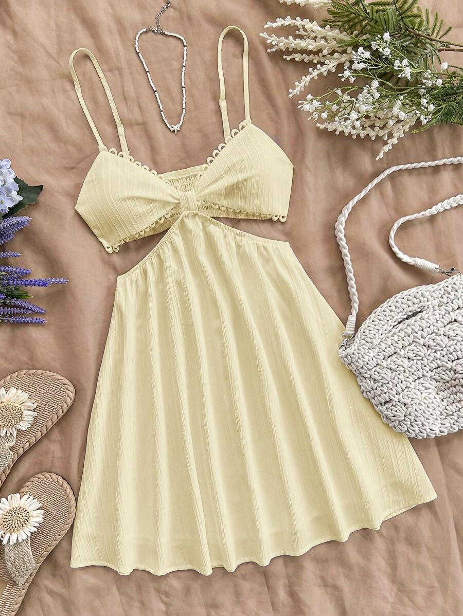 Soleia Women's Vacation White Waist Hollow V-Neck Spaghetti Strap Summer Dress,Summer Dresses For Women,Pastel Dresses For Women - Yellow - View 1