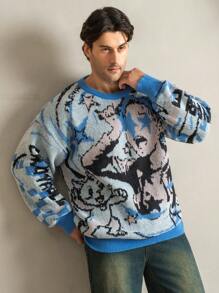 Manfinity EMRG Plus Size Men's Round Neck Long Sleeve Graphic Detail Casual Pullover Sweater
