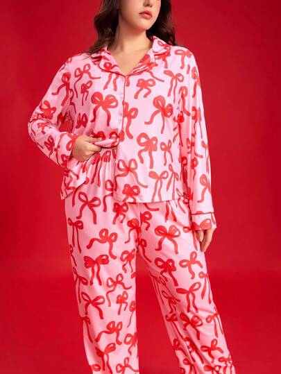 Kawaii Ensemble de pyjama romantique de la Saint-Valentin avec imprimé nœud, manches longues et pantalon, grande taille