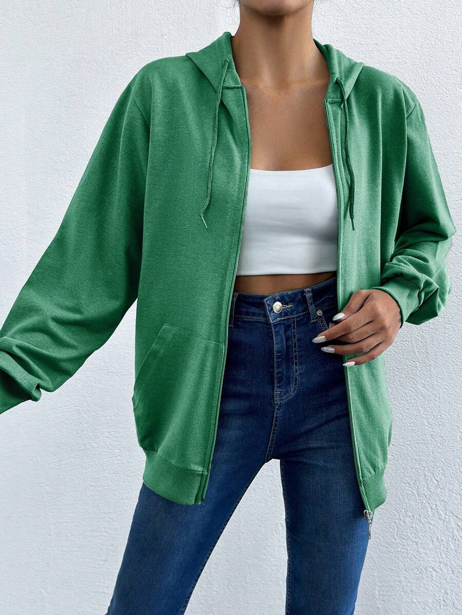 RueChic Fall Casual 100% Cotton Zip Up Drawstring Hoodie - Green - View 1