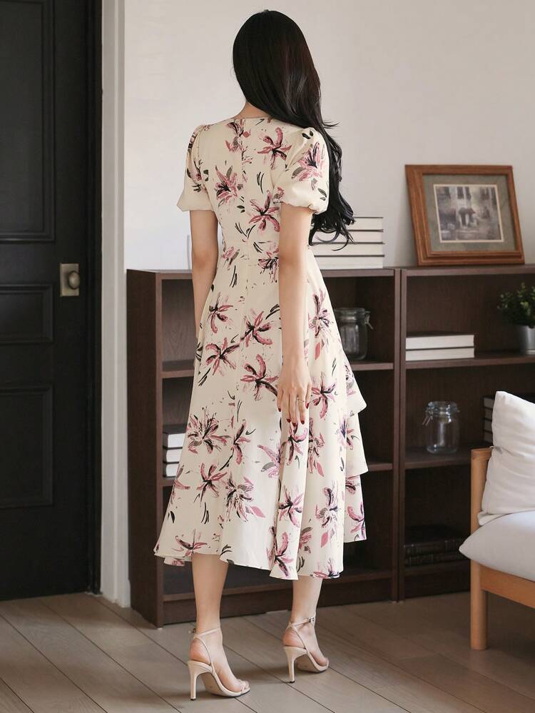 Women's Elegant V-Neck Floral Puff Sleeve Ruffle Hem Mid-Length Dress, Summer Sundress Easter