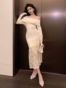 DAZY 露肩蕾丝拼接女士毛衣连衣裙，秋季女装露肩上衣 - 杏色 - 查看 3