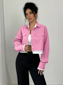 SHEIN Unity 新款女式梭织长袖撞色设计仿面料撞色小细节开前口袋带袖开叉短衬衫，时尚通勤商务办公衬衫，休闲宽松舒适秋冬优雅都市 - 粉色 - 查看 4