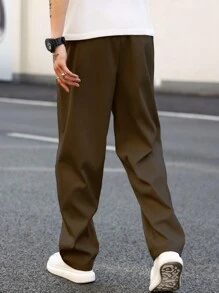 Manfinity Homme Men's Solid Color Drawstring Waist Pockets Straight Leg Casual Pants, Fall - Brown - View 2