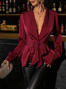 SHEIN Clasi 女士优雅假日酒红色束腰蝴蝶结长袖衬衫，秋冬女衬衫 - 酒紅色 - 查看 7