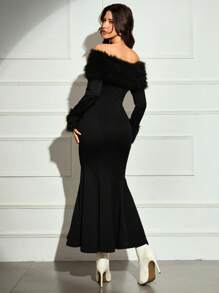 Modelyn Đầm dạ hội dài tay hở vai màu trơn thanh lịch cho nữ, dáng ôm, viền đuôi cá, có lông giả - màu đen - Xem 2