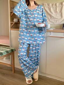 DAZY 2 piezas Conjunto de pijama suelto cómodo y suave con estampado de dibujos animados para mujer