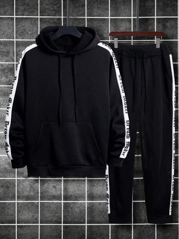 Manfinity LEGND Plus Size Men's Letter Print Drawstring Hooded Sweatshirt And Sweatpants Casual Suit