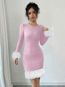 SHEIN Unity 女士蓬松拼接圆领长袖迷你连衣裙，修身，秋冬 - 粉色 - 查看 5