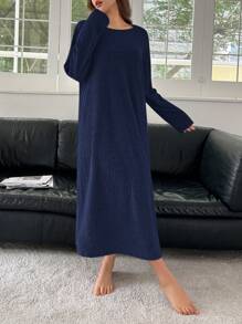 DAZY 针织罗纹简约拉绒女士家居连衣裙，春秋冬