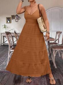 Franclia Plus Size Women Solid Color Ruched Ruffle Trim Casual Strap Dress