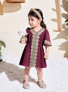 SHEIN Babygirl Lovely Solid Color Luxurious Gold Lace Trim Dress - Burgundy - View 6
