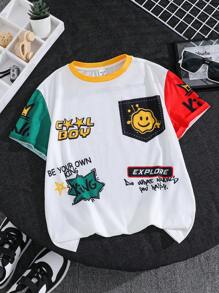 SHEIN 青少年男孩休闲百搭字母图案印花圆领宽松针织 T 恤 - 彩色 - 查看 4