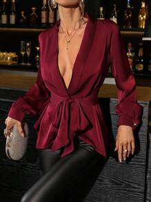 SHEIN Clasi 女士优雅假日酒红色束腰蝴蝶结长袖衬衫，秋冬女衬衫 - 酒紅色 - 查看 6