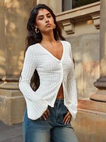 Forever 21 女式纯色长袖单排扣休闲上衣，秋季 - 白色 - 查看 5