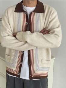 DAZY Cardigan bărbătesc cu mânecă lungă, cu imprimeu în dungi și nasturi în față, casual, toamnă/iarnă - Multicolor - Vizualizare 6