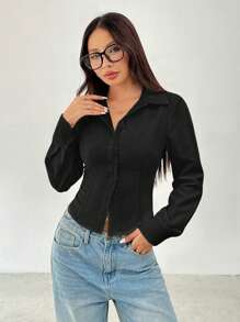 SHEIN PETITE 基本款休闲长袖收腰衬衫 - 黑色 - 查看 8