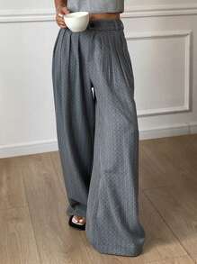 DAZY Polka Dot & Striped Loose Pants With Pockets, Casual Wide Leg Trousers For Women, Summer Business Attire - Grey - View 6