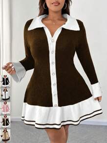 SHEIN Unity Plus Size Women Knitted Color Block Sweater Dress With Ruffle Trim & Button Decor, Elegant For Autumn/Winter Fall Cloth For Women - Coffee Brown - View 1