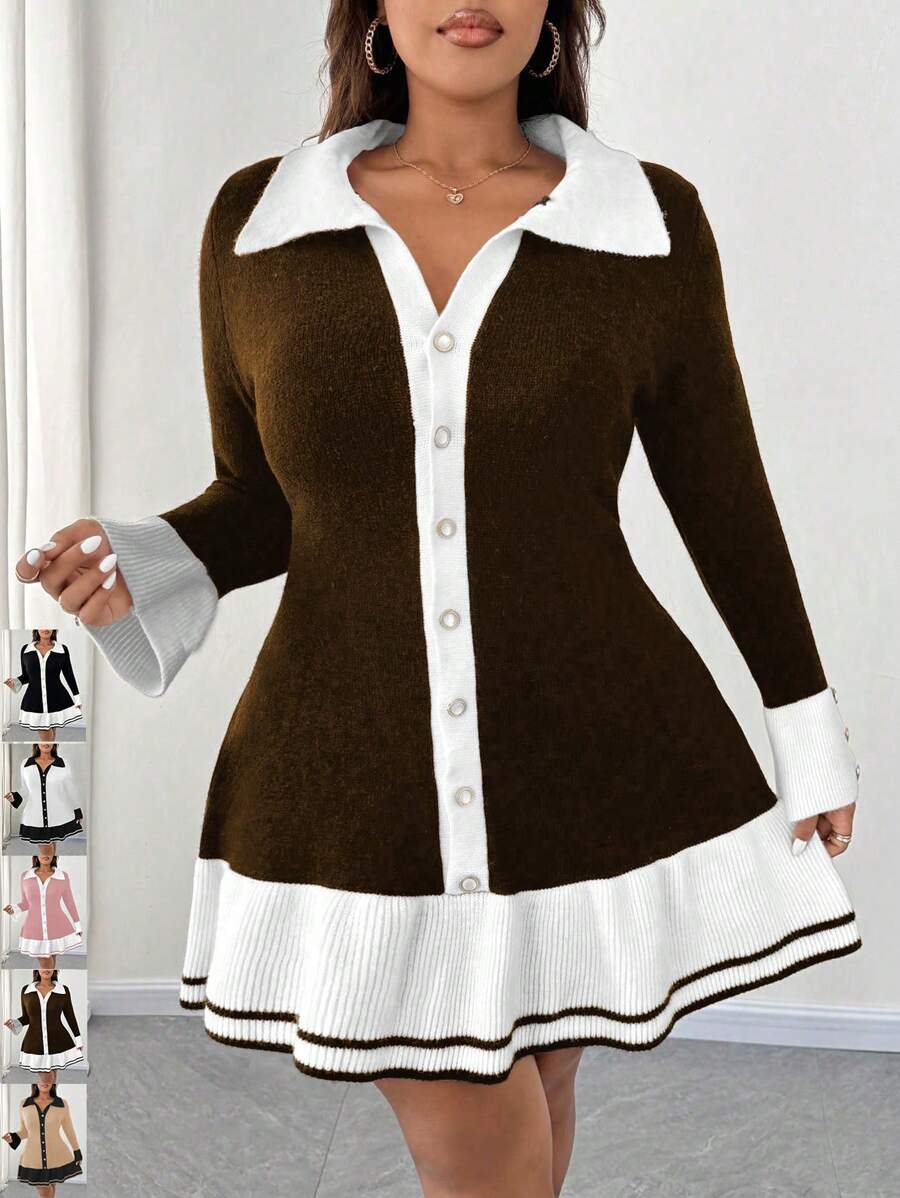 SHEIN Unity Plus Size Women Knitted Color Block Sweater Dress With Ruffle Trim & Button Decor, Elegant For Autumn/Winter Fall Cloth For Women - Coffee Brown - View 1
