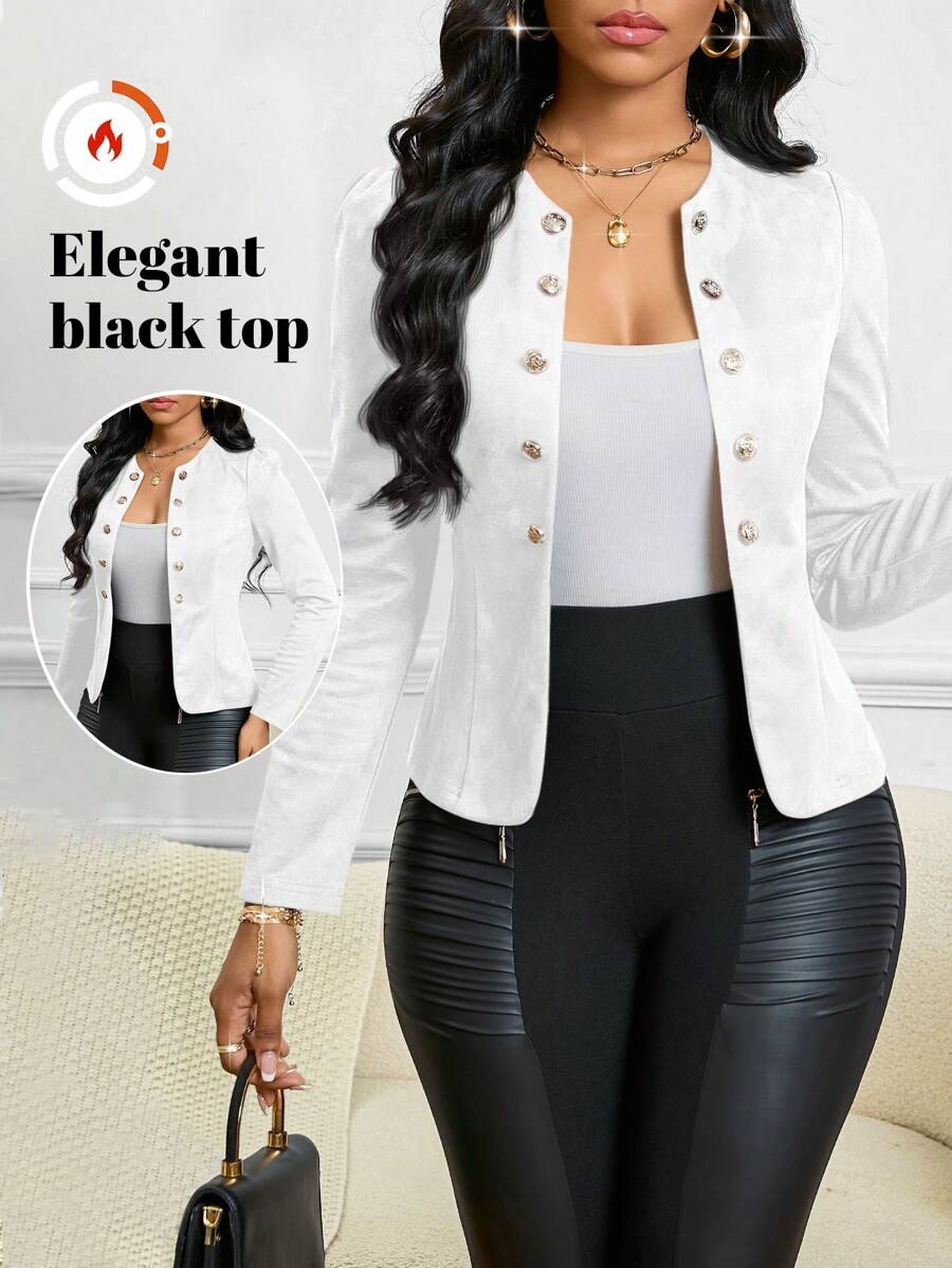 SHEIN Lady Four Season/ Attire/ Suede Button Detail Open Front Jacket In Fall/Winter - White - View 1