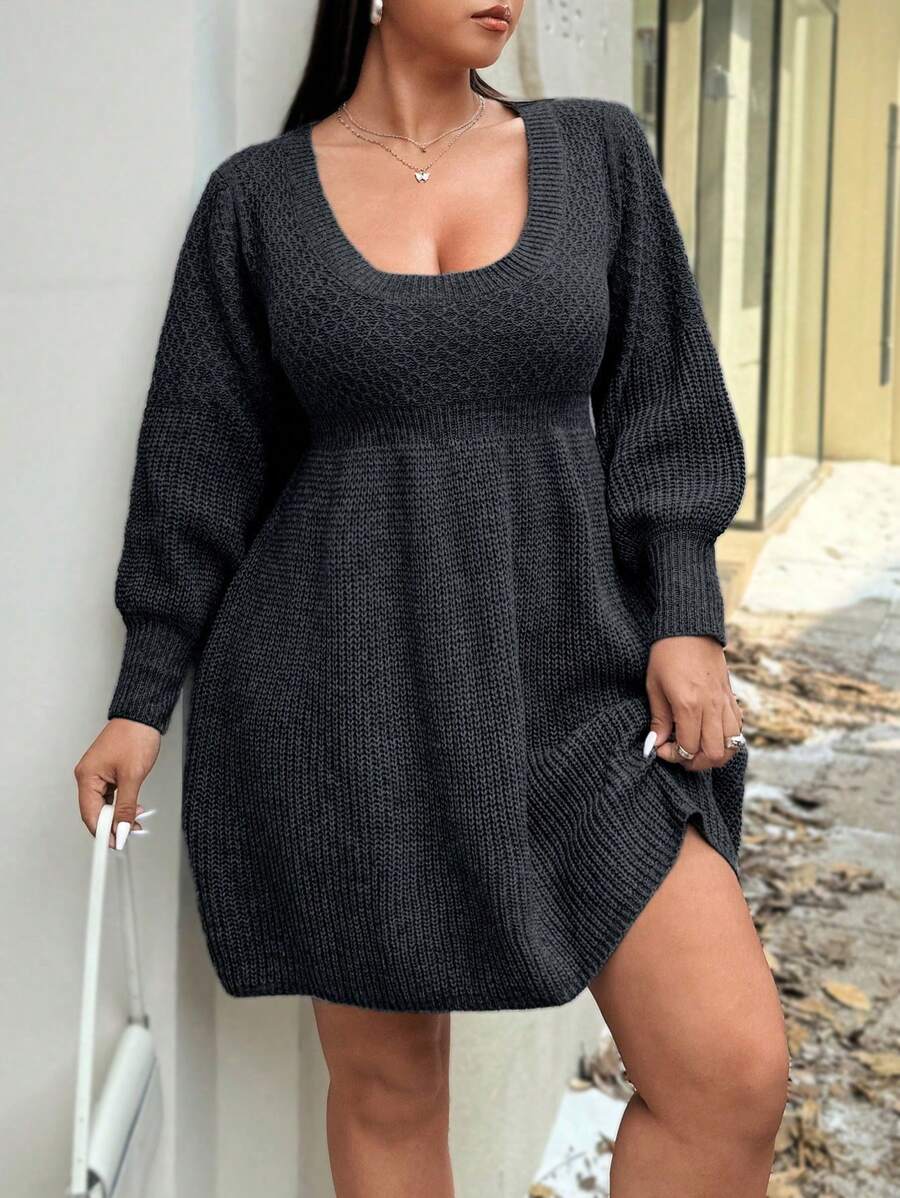 Flirla Fashionable Stylish A-Line Boat Neck Long Sleeve Sweater Dress, Autumn/Winter - Black - View 1