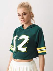 Cheerettes Women's Numeric Striped Hooded Short Sleeve Casual Fitness Sports Sweatshirt