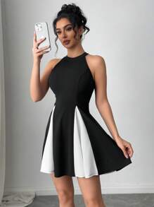 Firerie Vestido mini elegante y de estilo universitario nuevo con bajo plisado y panel de contraste sin mangas, para usar de diferentes formas en primavera y verano - Negro - Ver 9