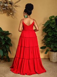 Slaydiva Đầm dự tiệc, đi biển, thường ngày, màu đỏ cổ chữ V sâu, viền bèo cỡ lớn cho nữ mùa hè - Đỏ - Xem 2