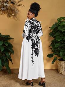Slaydiva Vestido elegante de talla grande para mujer con estampado floral, cuello con volantes y mangas farol