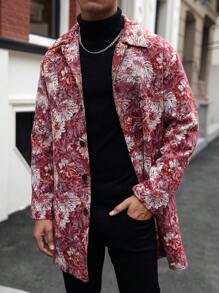 Manfinity Homme 男士全印花正面纽扣红色休闲长袖长款风衣 - 彩色 - 查看 1