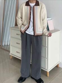 DAZY Cardigan bărbătesc cu mânecă lungă, cu imprimeu în dungi și nasturi în față, casual, toamnă/iarnă - Multicolor - Vizualizare 5