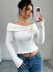 Elenzga Franse stijl off shoulder gebreide trui voor vrouwen, mode strass strik decor korte zachte pullover top
