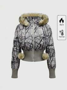 ROMWE Grunge Punk Vintage Y2K Bare Branch Print Zip Up Hooded Patchwork Fluffy Padded Coat, Suitable For Snow - Green - View 1
