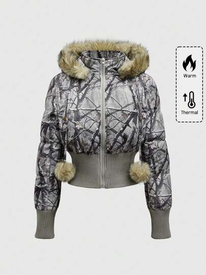 Grunge Punk Vintage Y2K Bare Branch Print Zip Up Hooded Patchwork Fluffy Padded Coat, Suitable For Snow