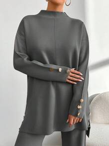 EURMUSE 女款純色落肩毛衣與長褲兩件套，休閒冬季穿搭 - 淺灰色 - 查看 3