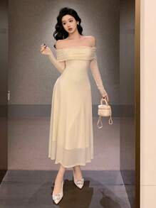 DAZY 优雅露肩纯色中长连衣裙，适合婚礼宾客，春季/秋季舞会礼服，优雅正式女士连衣裙长袖连衣裙 - 米色 - 查看 8