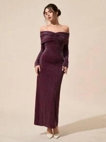 SHEIN Cottnline Lurex Bardot Neck Ruched Long-Sleeve Bodycon Maxi Dress - Purple - View 3