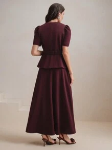 Anewsta Conjunto de vestido de línea A de manga abullonada y cintura ceñida, elegante para ir al trabajo y moderno para el verano, Año Nuevo, Día de San Valentín