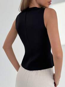 Aloruh Deep V-Neck Black Slim Fit Double Breasted Office Lady Tank Top