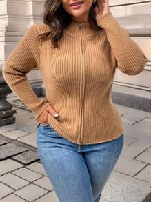 Calvaya Camisa casual sencilla de manga larga con cremallera frontal de talla grande