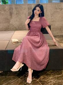 DAZY Women's Solid Color Square Neck Short Sleeve Pleated Casual Midi Dress Prom Dress