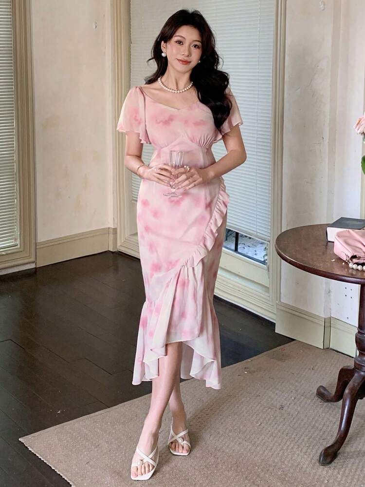 Women's Tie-Dye Sweetheart Neck Ruffle Trim Long Dress Sundress Floral