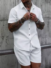 SLATEMANN Ensemble chemise boutonnée et shorts unicolore pour hommes, tenues décontractées de vacances pour mari - Blanc - Voir 5